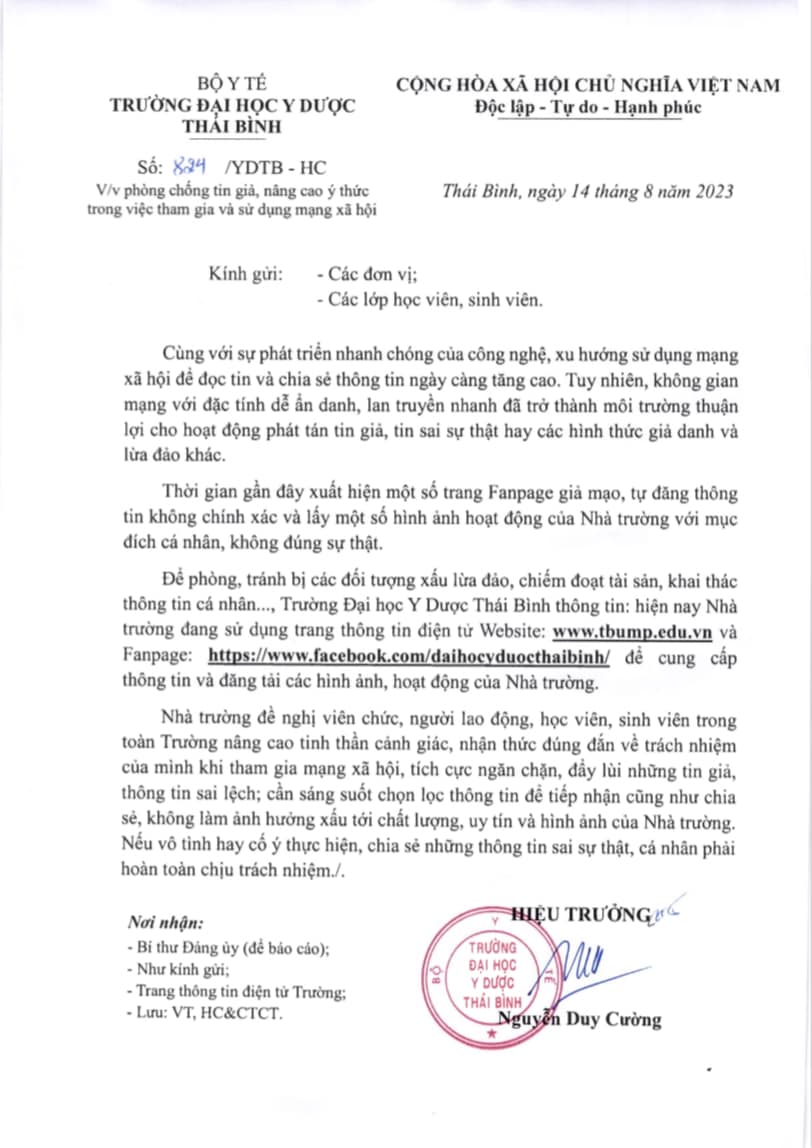 THÔNG BÁO: V/v phòng chống tin giả, nâng cao ý thức trong việc tham gia và sử dụng mạng xã hội
